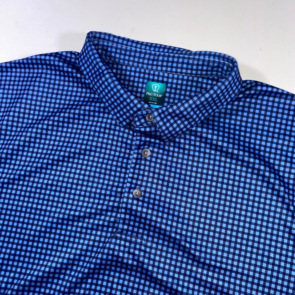 Pro Tour Coolplay Mens XXL Blue Gingham Check Short Sleeve Golf Polo Shirt W208